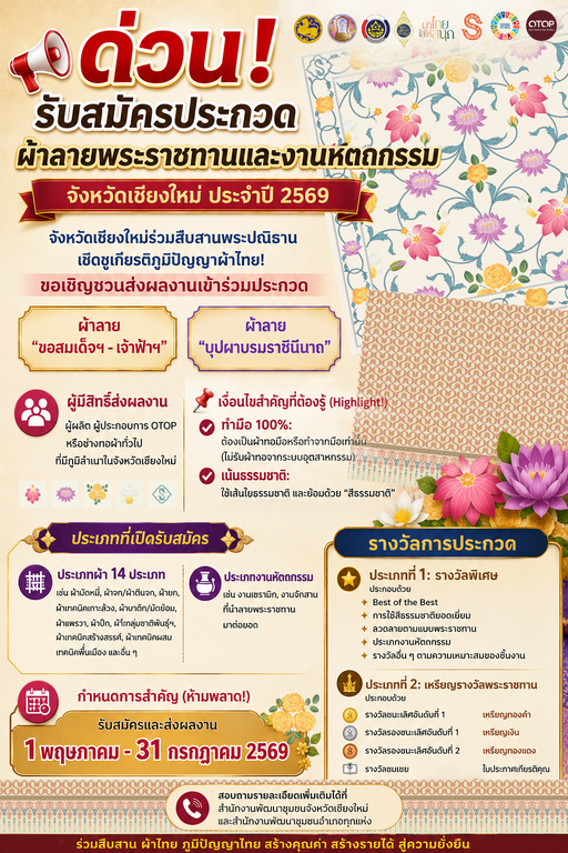 รับสมัครประกวดผ้าลายพระราชทานฯ จังหวัดเชียงใหม่ ประจำปี 2569